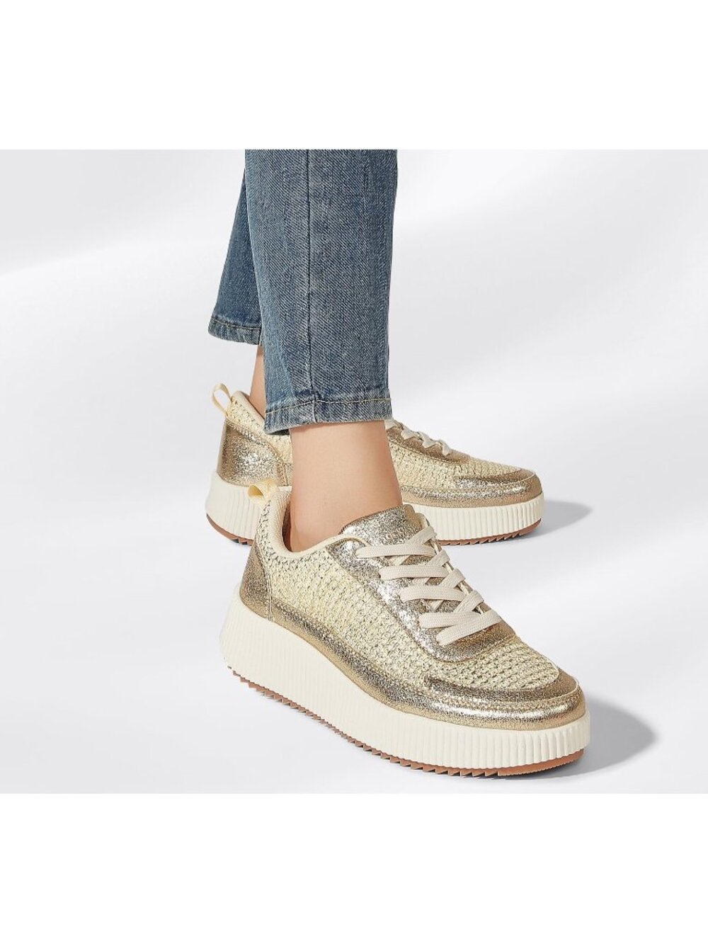 Women's Gold Knit Platform Casual Walking Braided Crochet Lace Up Cute Sneakers - Picture 6 of 6